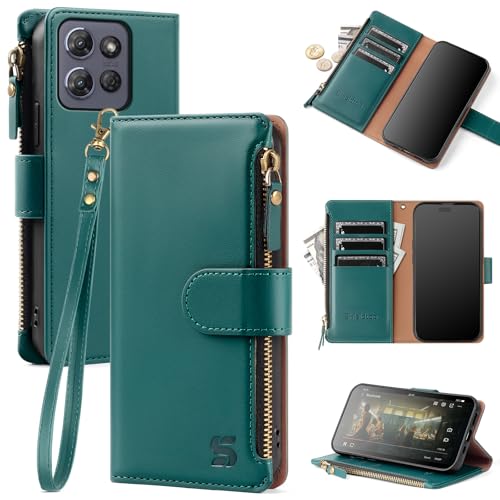 Shieldtop Compatible with Motorola Moto G Power 5G 2025 Wallet Case with Card Holder,Women Men RFID Blocking PU Leather Flip Phone Case Protective Cover Wrist Strap Zipper Credit Card Slots,Blue Green - color: Blue Green, size: Moto G Power 5G 2025 - 6.8"