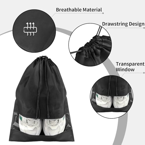 Black Travel Shoe Bags - 5 Pcs Non-Woven Packing Bags with Clear Window | 15.7" x 11.8" Waterproof Dustproof Portable Travel Shoe Storage Bag for Men and Women - color: Black, style: 5 Pack