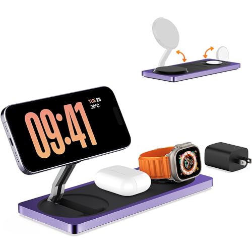 PETINO Mag-Safe Charger Stand, 3-in-1 Magnetic Wireless Charging Station for Apple Devices, iPhone 15/14/13/12 Series, Apple Watch, AirPods Pro (Purple) - color: Purple
