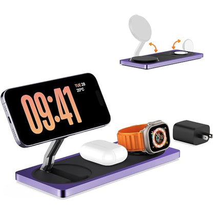 PETINO Mag-Safe Charger Stand, 3-in-1 Magnetic Wireless Charging Station for Apple Devices, iPhone 15/14/13/12 Series, Apple Watch, AirPods Pro (Purple) - color: Purple