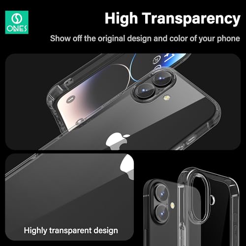 ONES for iPhone 16 Case Clear, Slim Soft TPU Silicone Cover, Military Drop Protective Thin Phone Bumper Case with Shockproof Airbags Yellowing Resistant,Transparent - size: iPhone 16