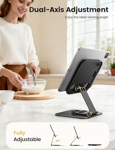 Lamicall Adjustable iPad Stand for Desk, Ultra-Slim Foldable, 360° Rotation - color: Black