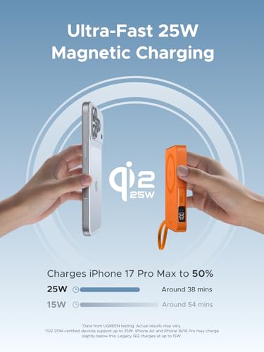 UGREEN MagFlow 10000mAh Qi2 25W Wireless Power Bank Built-in Cable - color: Orange