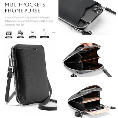 DOB SECHS Leather Passport Wallet Crossbody Phone Bag, RFID Blocking Passport Holder Credit Cards Case for Women - color: Black-41