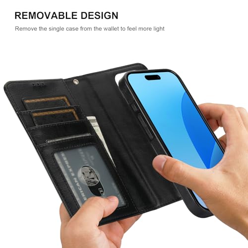 Bocasal Detachable Wallet Case Card Holder for iPhone 16 Pro, Black | RFID Blocking Kickstand Card Slots Holder PU Leather Magnetic Shockproof Wrist Strap Removable Flip Protective Cover 6.3 inch - color: Black
