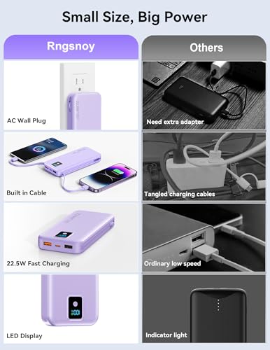 Portable Charger 12000mAh 22.5W w/Built-in Cable & Wall Plug Purple - color: Purple