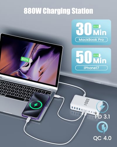 USB C Charger 880W USB C Charger Block,GaN IV 10-Port Charging Station Hub - color: White