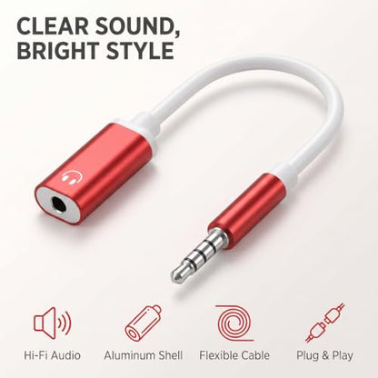Red Type-C to 3.5mm Audio Adapter - Universal Analog Audio Cable for Smartphones, Laptops and Gaming Headphones, Durable Earphone Adapter with Noise Cancellation