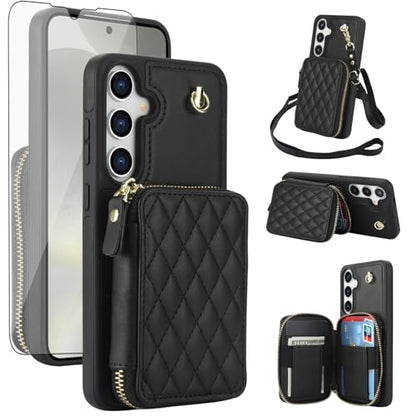 Asuwish Phone Case for Samsung Galaxy S25 5G Wallet Cell Cover with Tempered Glass Screen Protector Wrist Crossbody Strap RFID Blocking Credit Card Holder S 25 25S 25 25S SM-S931U Women Girls Black - color: Black