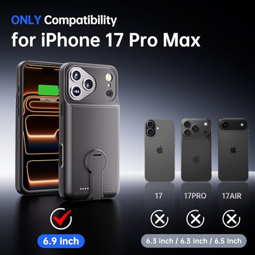 GIN FOXI for iPhone 17 Pro Max Battery Case with Stand, Charging Case Charger 8500mAh Ultra-Slim Lightweight Powerful Battery Pack 15W Fast Rechargeable Anti-Fall TPU Juice Box (6.9") Black
