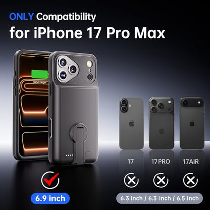 GIN FOXI for iPhone 17 Pro Max Battery Case with Stand, Charging Case Charger 8500mAh Ultra-Slim Lightweight Powerful Battery Pack 15W Fast Rechargeable Anti-Fall TPU Juice Box (6.9") Black