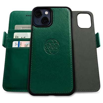 Dreem Vegan Leather Magnetic Detachable Wallet Case for iPhone 13 Green | Built-in Phone Stand, RFID Blocking Card Holder Flip Cover, MagSafe Compatible, Gift Box [Fibonacci: Green] - color: Green, size: iPhone 13