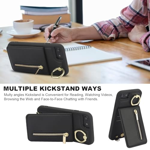 Crossbody Wallet Case for iPhone 7/8/SE 2020/SE 2022 with Lanyard Strap Card Slot Holder RFID Blocking Kickstand,Magnetic Flip Folio Zipper Purse Case, PU Leather Cover Handbag,Black - color: Black, size: iPhone 7/8/SE 2020/SE 2022(4.7")