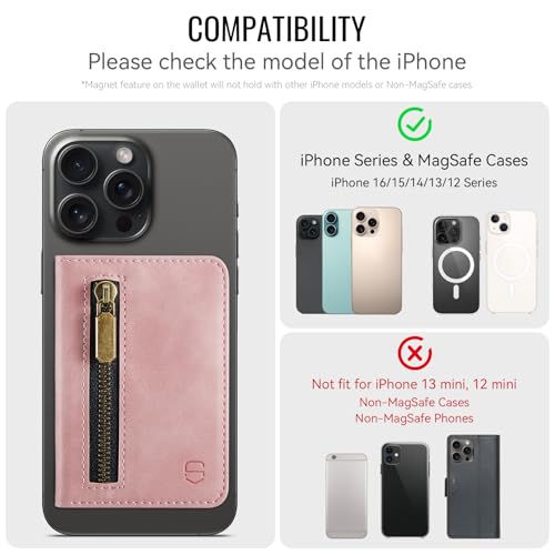 Strapurs Magnetic Card Holder Compatible with MagSafe Phones and Cases, PU Leather Slim Phone Wallet for iPhone 17/16/15/14/13/12/Pro/Max/Plus/Air, 4 Card Slots RFID Blocking with Zipper Pocket - Pink - color: Pink