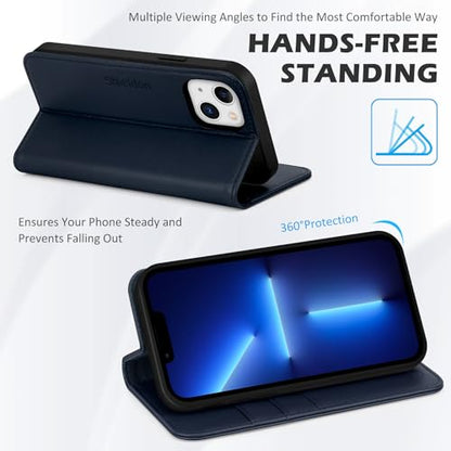 SHIELDON Genuine Leather Case Wallet for iPhone 13 6.1" 2021, Navy Blue | Magnetic Closure, RFID Blocking, Credit Card Slot, Kickstand, Flip Book Design, Shockproof Phone Cover - color: Navy Blue