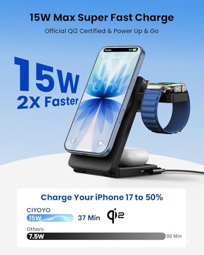 Magnetic Wireless Charging Station for Apple: Upgraded QI2 Certified 15W 3-in-1 Magsafe Wireless Charger Stand, Foldable Travel Fast Charger for iPhone 17 16 15 14 13 12 Series, Apple Watch, AirPods - color: Pure Black