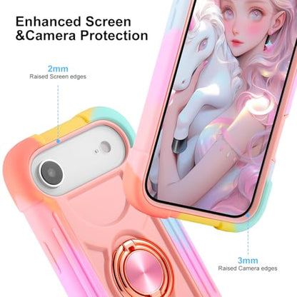 MARKILL Compatible with iPhone Air Case 6.5 Inch 2025 with 360 Degree Rotate Ring Stand, Military Grade Drop Protection Full Body Rugged Protective Case Kids - color: Rainbow Pink, size: iPhone Air 6.5"