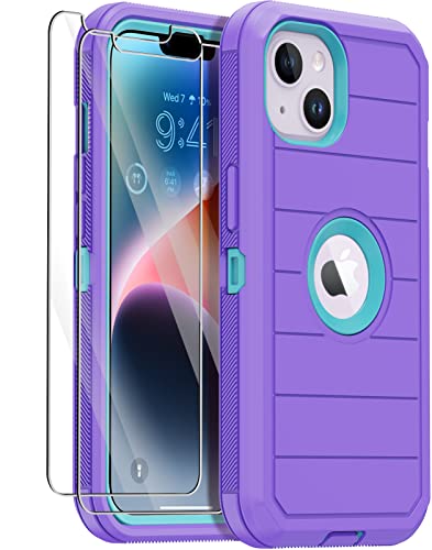for iPhone 14 Case with 2 Screen Protector,Full Body Shockproof Drop Protection Dust Proof Heavy Duty 3 Layer Rugged Durable Military Grade Cover for Apple iPhone 14 6.1" (Purple/light green) - color: Purple/light green II