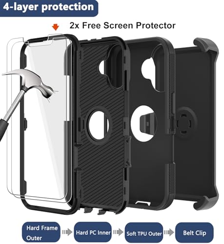 for iPhone 16 Phone Case, Military Grade Drop Protection Cell Phone Cover with Belt Clip Holster Stand, Screen Protector x2 Rugged Shockproof Kickstand for iPhone 16 Case 6.1 inch (Black) - color: Black
