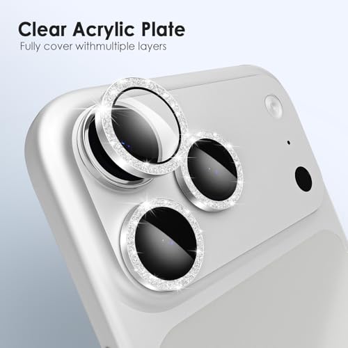 TENOC Camera Lens Protector for iPhone 17 Pro & 17 Pro Max, Silver Glitter - size: iPhone 17 Pro/17 Pro Max