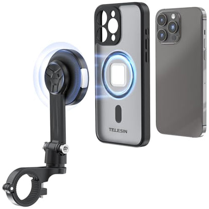 TELESIN Motorcycle Phone Mount Fit iPhone 15 Pro Max, Magnetic Motorcycle Phone Holder with Vibration Dampener & Metal Buckle [One-Click Unlock] with Magnetic Phone Case for 25 & 28 mm Handlebars