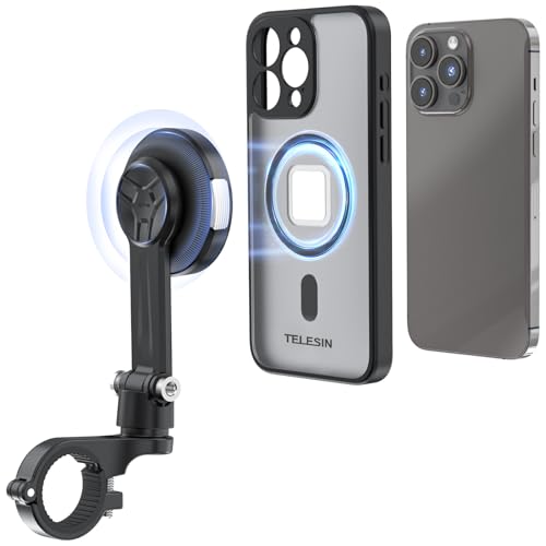 TELESIN Motorcycle Phone Mount Fit iPhone 15 Pro Max, Magnetic Motorcycle Phone Holder with Vibration Dampener & Metal Buckle [One-Click Unlock] with Magnetic Phone Case for 25 & 28 mm Handlebars