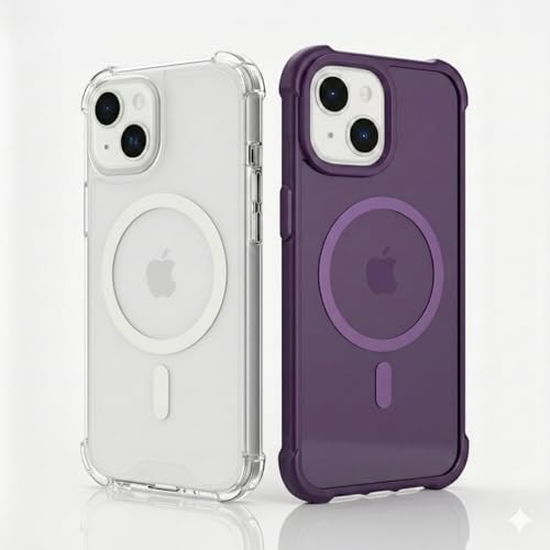 Pack of 2 IPHONE 13/14 Case Clear MagSafe + Purple , 2.5mm Shockproof Military Grade Drop Protection, Hard Transparent Anti Yellowing Back, Airbag Corners, MagSafe Compatible Clear & Color Combo - color: Clear MagSafe + Purple, size: IPHONE 13/14