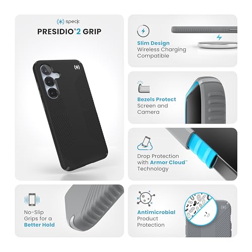 Speck Samsung Galaxy S25 Plus Case - 13-Foot Drop Protection, No-Slip Grips - Samsung S25 Plus Case - Raised Bezel and Enhanced Buttons - Presidio 2 Grip - Black/Slate Grey (Pack of 1) - color: Black, size: Galaxy S25+