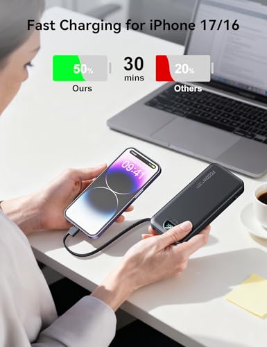 Portable Charger Power Bank 10000mAh with Built in Cables & Wall Plug - color: Pitch Black