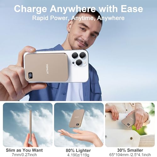 Magnetic Portable Charger 5000mAh, 15W Ultra Slim Wireless Portable Charger, Fast Charging for iPhone 16/15/14/13/12 Pro/Pro Max/Plus, Metal Shell, USB-C Cable to Charge Other Phones (Gold) - color: Gold