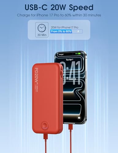 Nusyddy Portable Charger 10000mAh Fast Charging w/Built-in Wall Plug Red - color: Red