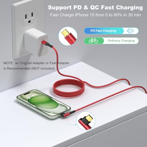 OKRAY USB C Cable 10ft, 5-Pack USB c to USB c 90 Degree Right Angle Cords - color: Red Red Red Red Red