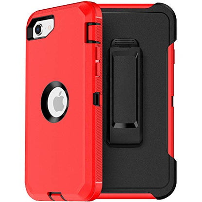 MXX Case Designed for iPhone SE Case 2020 /SE 2022 Heavy Duty Protective Case with Screen Protector [3 Layers] Rugged Rubber Protection Cover & Rotating 360 Degree Belt Clip SE 3rd/2nd Gen (Red/Black) - color: Red/Black