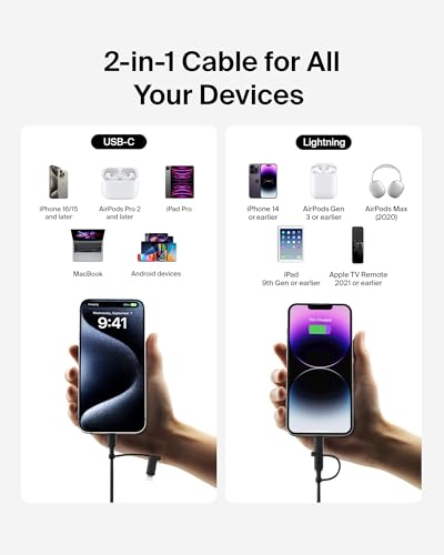Belkin 2 in 1 USB C to USB C & Lightning Braided Cable 5ft Charger Cord - color: Black