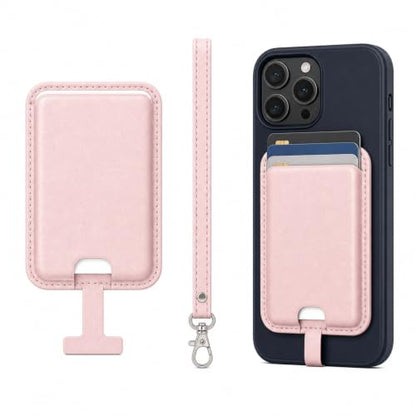MagSafe Wallet with Wrist Strap, 3 Card Holder with RFID Blocking, MagSafe Sticker Included, Slim Magnetic Phone Wallet for iPhone 17e/17/16/15/14/13/12 Series and Selected Samsung Devices - color: Pink