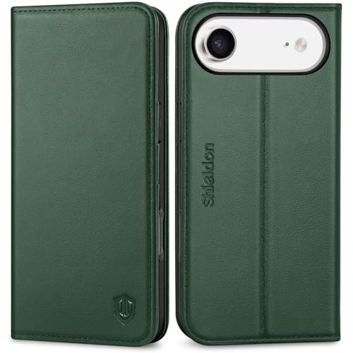 SHIELDON Genuine Leather Wallet Case for iPhone Air 6.5" 2025, Evergreen | RFID Blocking, Credit Card Holder, Magnetic Closure, Kickstand, Folio Design, Shockproof Phone Cover - color: Evergreen