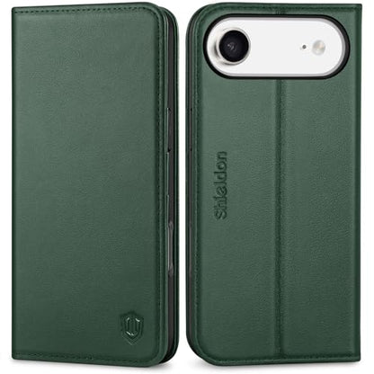 SHIELDON Genuine Leather Wallet Case for iPhone Air 6.5" 2025, Evergreen | RFID Blocking, Credit Card Holder, Magnetic Closure, Kickstand, Folio Design, Shockproof Phone Cover - color: Evergreen