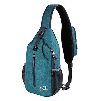 WATERFLY Crossbody Sling Backpack Sling Bag Travel Hiking Chest Bags Daypack (Teal blue) | Small Hiking bag,Multi-compartment storage,Water-resistant,Breathable back pad,Reversible adjustable shoulder strap - color: B-teal Blue