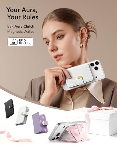 ESR Aura Clutch for MagSafe Wallet for Women, 5 Card Holder, RFID Blocking | MagSafe Sticker Included, Magnetic Wallet Stand for iPhone 17 Pro Max 17e 16 15 14 13 12 Series, Select Samsung Galaxy, White - color: Pearl White
