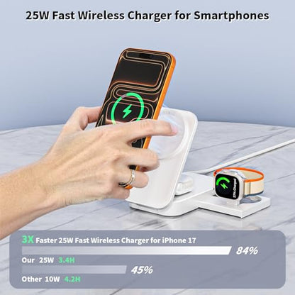 [Apple MFi Certified]Magnetic Charger 3 in 1 Charging Station,25W Wireless Foldable Mag-Safe Charger 6FT USB-C Cable Wireless iPhone Charging Station Compatible with iPhone 17/16/15/14/13/12 Pro/Plus