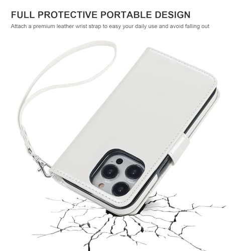 Bocasal Detachable Wallet Case Card Holder for iPhone 15 Pro, White | RFID Blocking Kickstand Card Slots Holder PU Leather Magnetic Shockproof Wrist Strap Removable Flip Protective Cover 6.1 inch - color: White