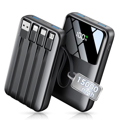 HELLEE 15000mAh Portable Charger Power Bank, 45% Smaller Built-in 4 Cables - color: Black