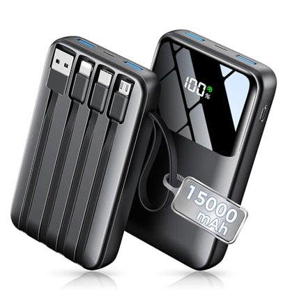 HELLEE 15000mAh Portable Charger Power Bank, 45% Smaller Built-in 4 Cables - color: Black