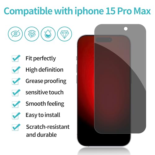 PEHAEL for iPhone 15 Pro Max Privacy Screen Protector+Camera Lens Protector