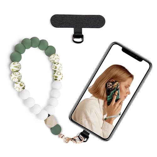 Silicone Beaded Phone Wrist Strap for Women, Elastic Wristlet - color: Green Leopard