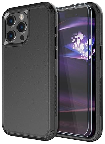Diverbox for iPhone 15 Pro Case [Shockproof] [Dropproof] [Tempered Glass Screen Protector ],Heavy Duty Protection Phone Case Cover for Apple iPhone 15 Pro 6.1 inch (Black) - color: Black