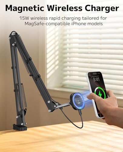 VRIG Magnetic Wireless Charger Phone Holder for Bed Desk, Flexible Articulating Table Mount, Overhead Stand Compatible with iPhone 17/16/15/14, Great for Video Recording, Zoom Meeting, Live Streaming - size: Rechargeable Model
