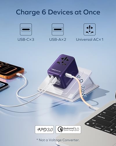 MOMAX 70W GaN Universal Travel Adapter, All-in-One Travel Charging - color: Purple, size: 70W