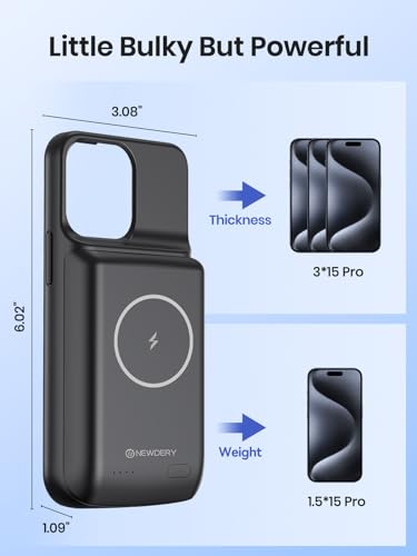 NEWDERY Battery Case for iPhone 15 Pro/iPhone 15 10000mAh, USB C Qi Wireless Charging Case, Portable Rechargeable Extended Charger Case Battery Pack - 2023 Release Black | USB-C, Magnetic Qi Wireless Charging, LED indicators, Extended Battery, Rechargeabl