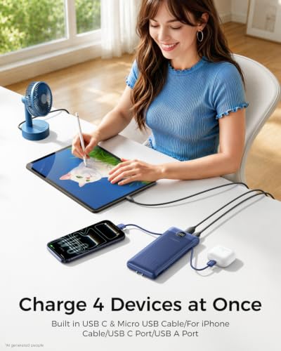 VEGER Portable Charger for iPhone, Power Bank Built in Cables and Wall Plug - color: Navy
